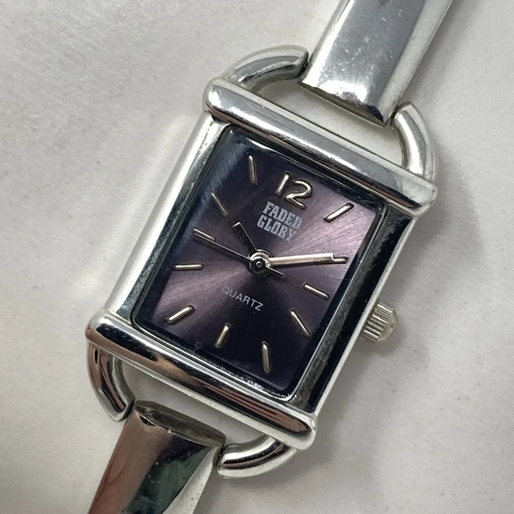 Faded Glory Women's Watch 19mm Plum Dial Silver Tone Tank New Battery 7.75